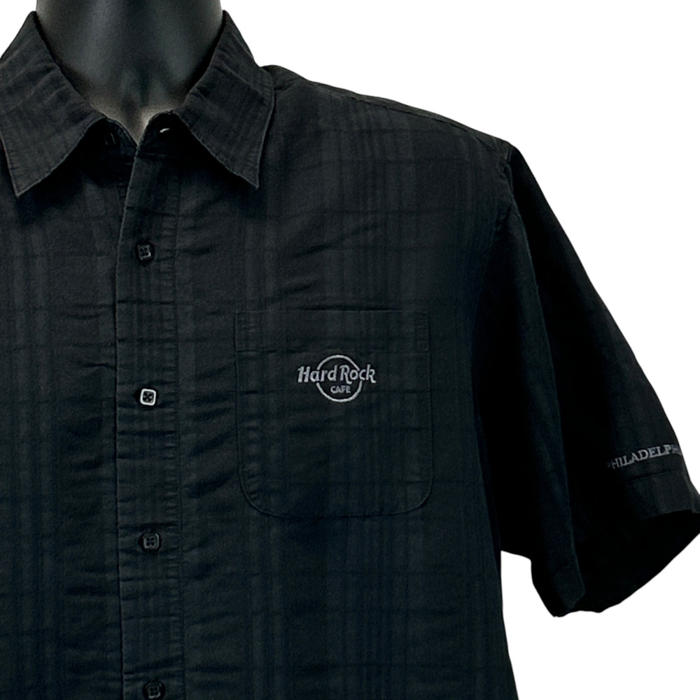 Hard Rock Cafe Philadelphia Button Front Shirt Check Plaid Black Mens XL X-Large